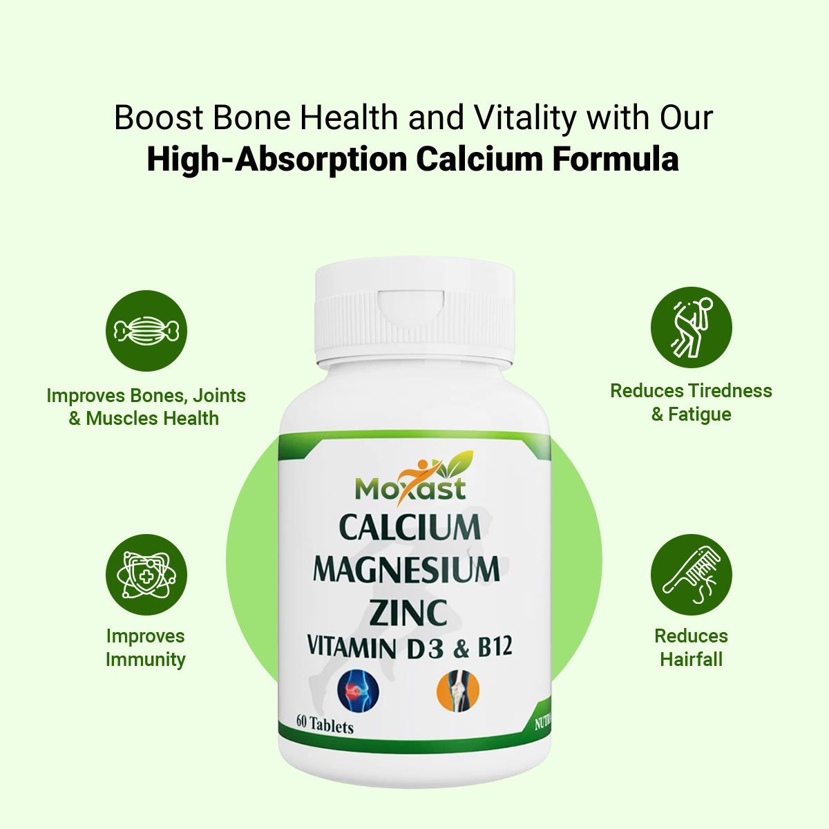 Moxast Calcium, Magnesium, Zinc, Vit D3 and Vit B 12 Tablets - 60 Tablets